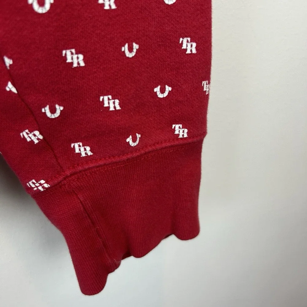 True Religion Hoodie Sweatshirt Men Size Large Monogram Logo All Over Print Red